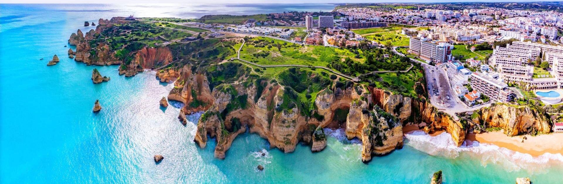 Aerial view of Lagos cliffs and coastal path